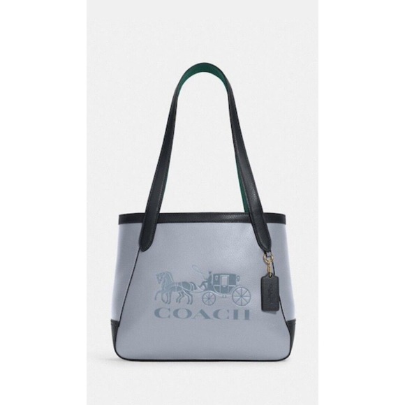 Coach Gray Leather Horse & Carriage Navy Green Colorblock Tote Bag Purse Handbag - Picture 1 of 16
